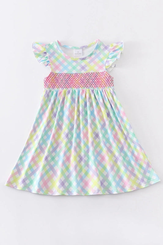 Rainbow Plaid Smocked Dress