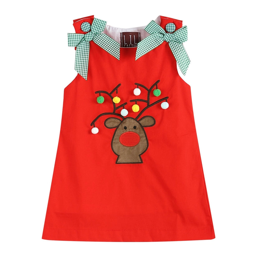 Red Swing Dress with Pompom Reindeer