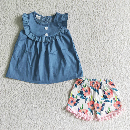 Blue Ruffle Floral PomPom Shorts Set