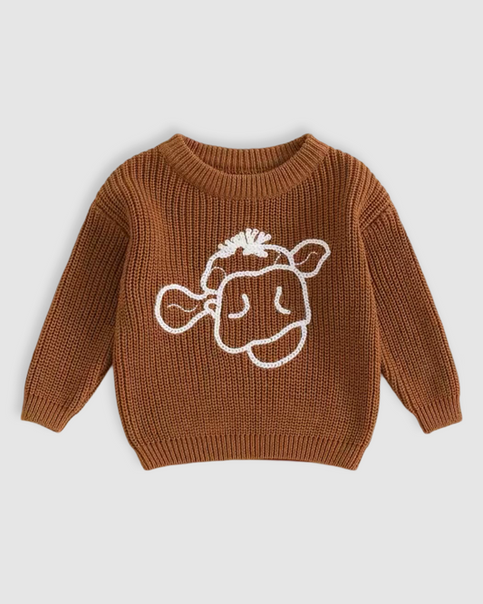 Embroidered Cow Knit Sweater