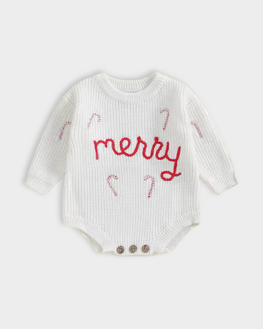 Merry Cane Knit Romper White