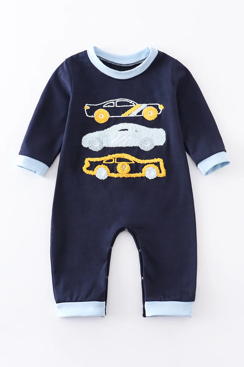 Navy Race Car French Knot Romper