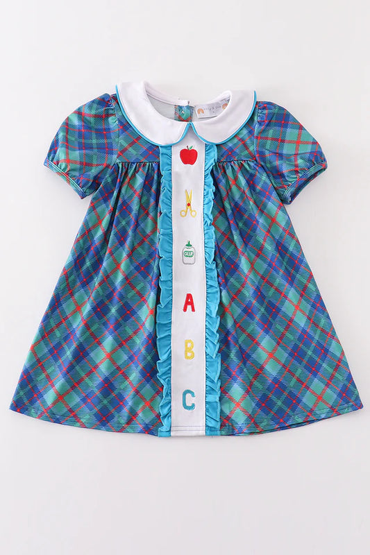 Blue Plaid Embroidered School Dress