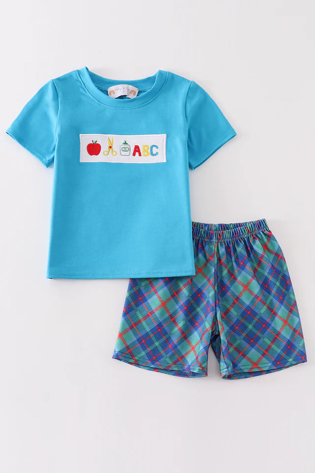 Blue Plaid Embroidered School Set