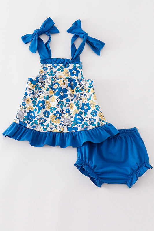 Blue Floral Tie Bloomers Set