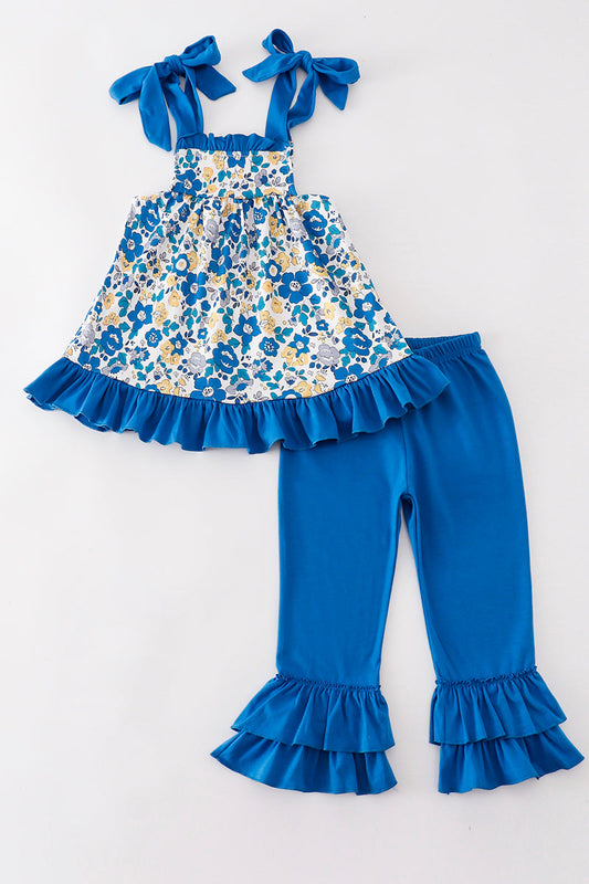 Blue Floral Tie Pants Set