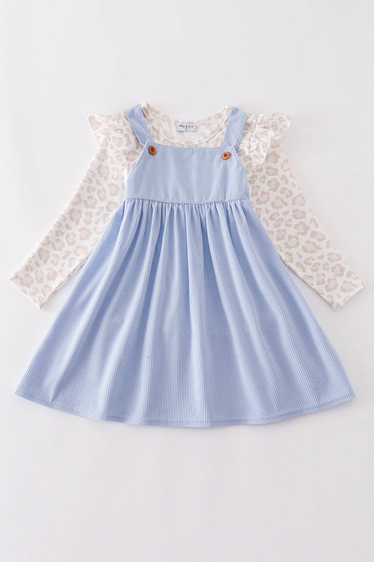 Blue Corduroy Leopard Dress Set