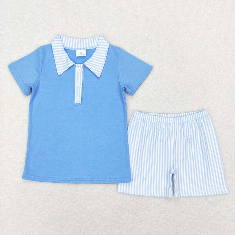 Blue Stripe Polo Shorts Set