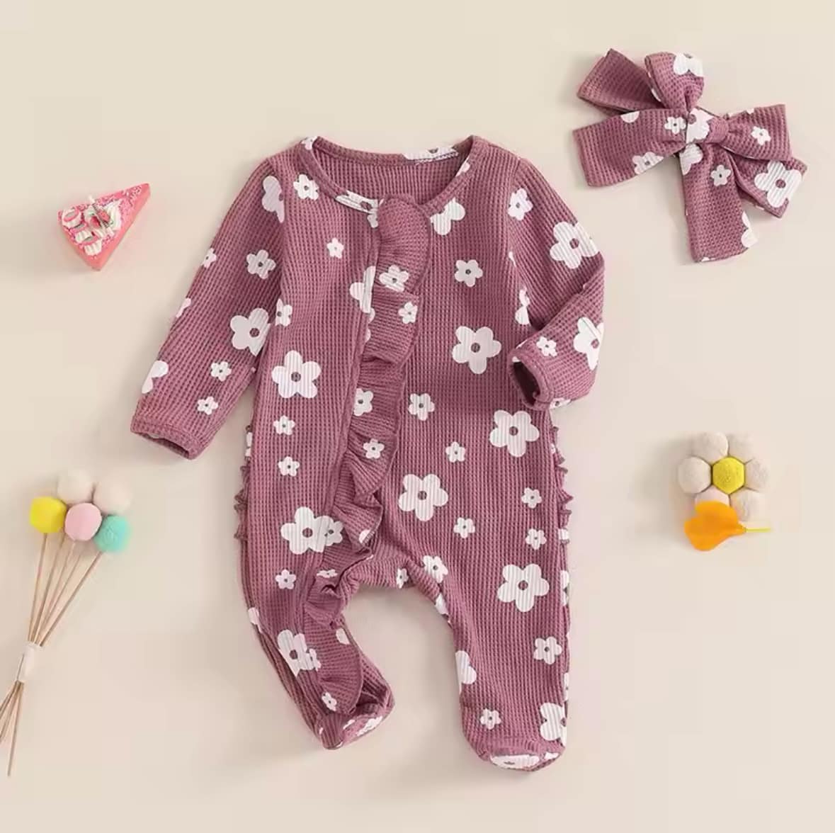 Waffle Knit Floral Ruffled Sleeper: Purple