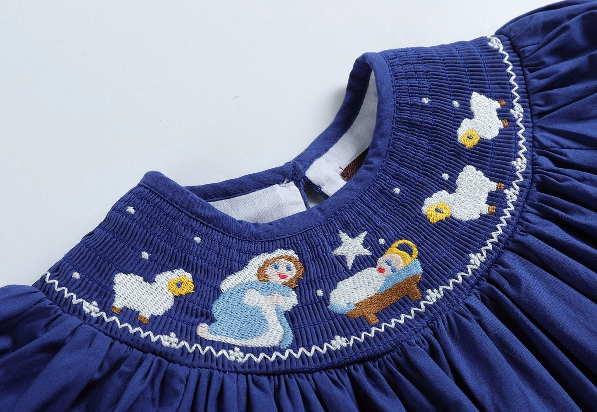 Blue Nativity Smocked Bishop Dress