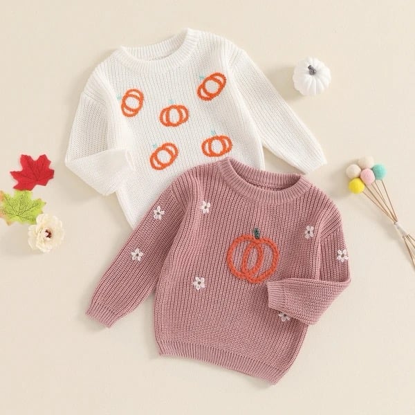 Pink Knit Pumpkin & Flowers Sweater