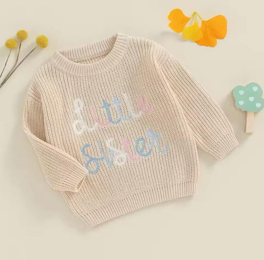 Little Sister Embroidered Sweater: Tan