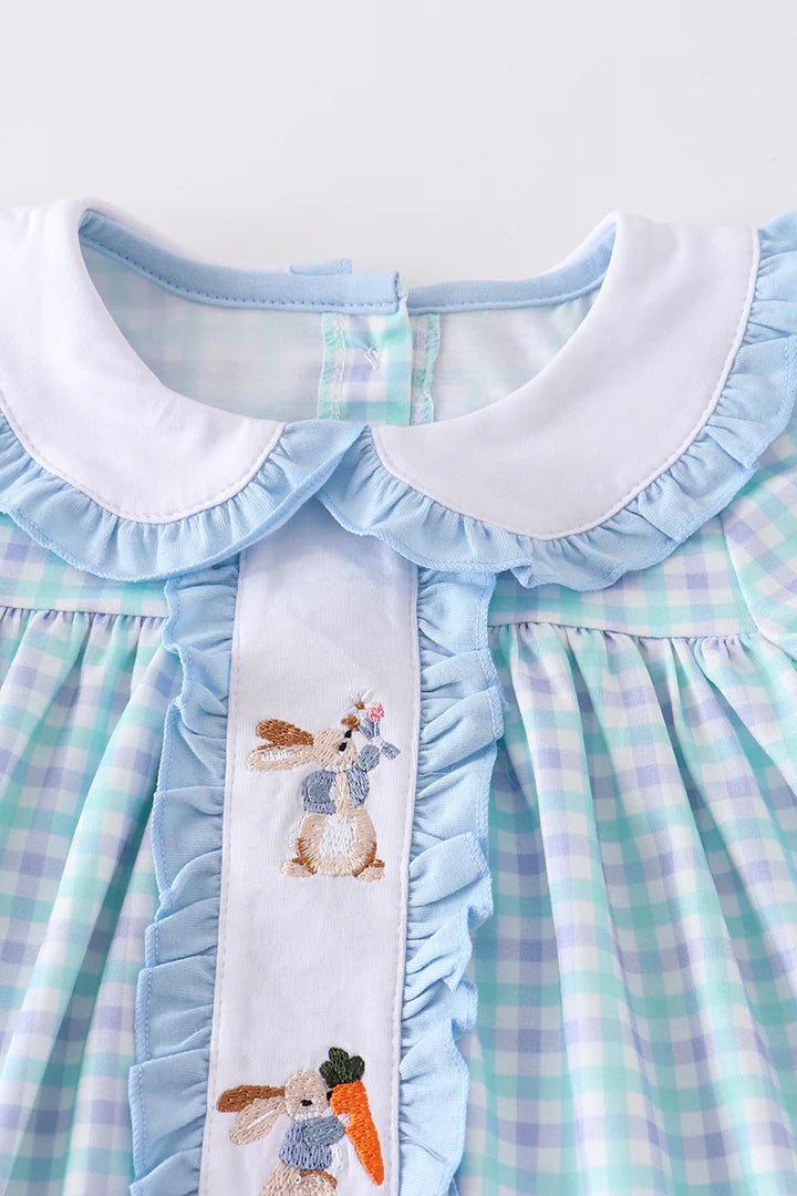 Blue Plaid Bunny Embroidery Shorts Set