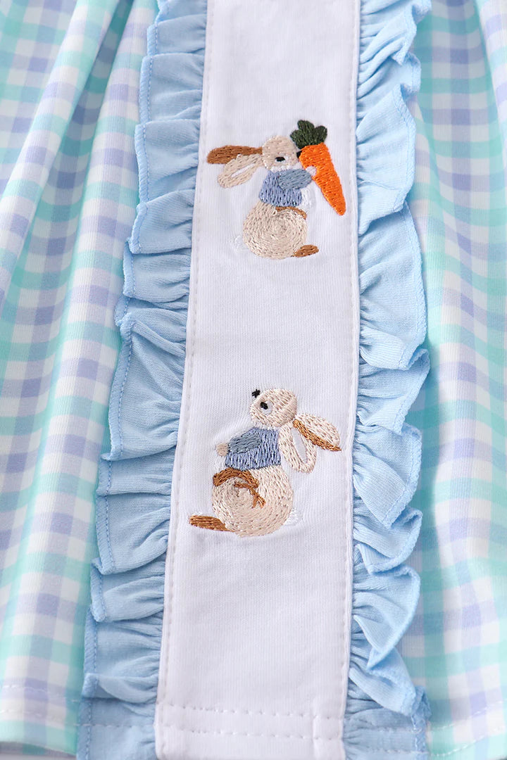 Blue Plaid Bunny Embroidery Shorts Set