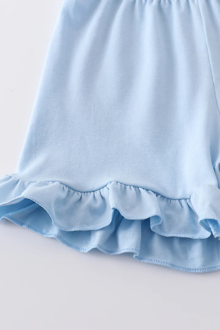 Blue Plaid Bunny Embroidery Shorts Set