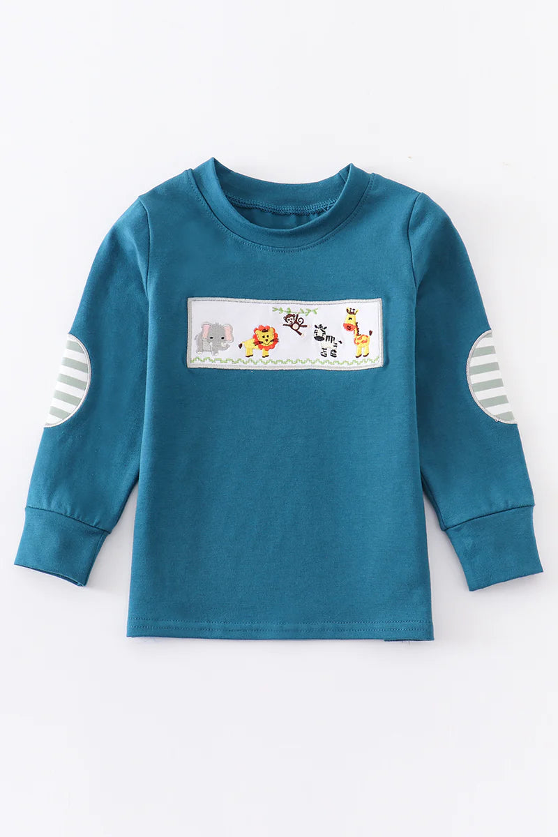 Navy Animals Embroidered Top