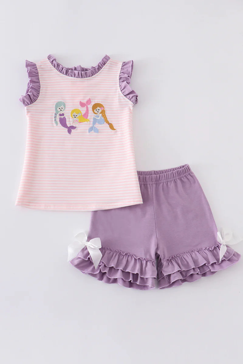 Purple Mermaid Embroidered Shorts Set