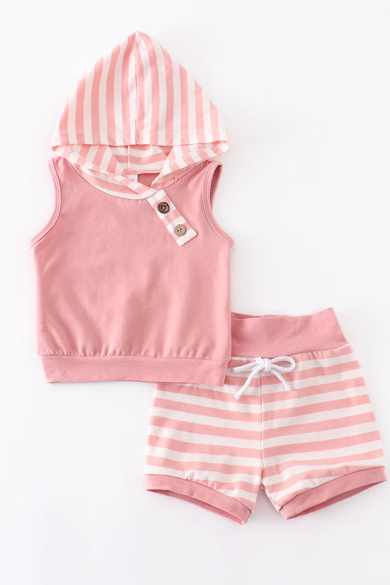 Pink Striped Hooded Shorts Set