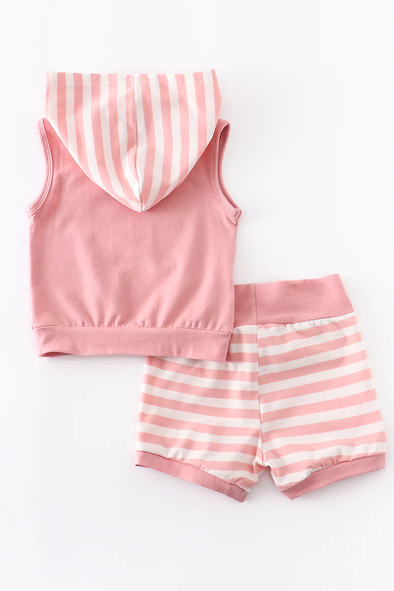 Pink Striped Hooded Shorts Set