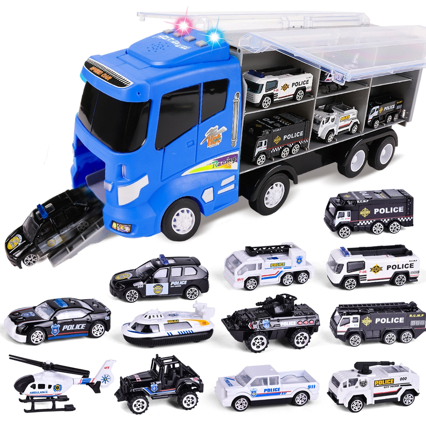 12 in 1 Die-cast Police Car Transport Truck Car Carrier Toy