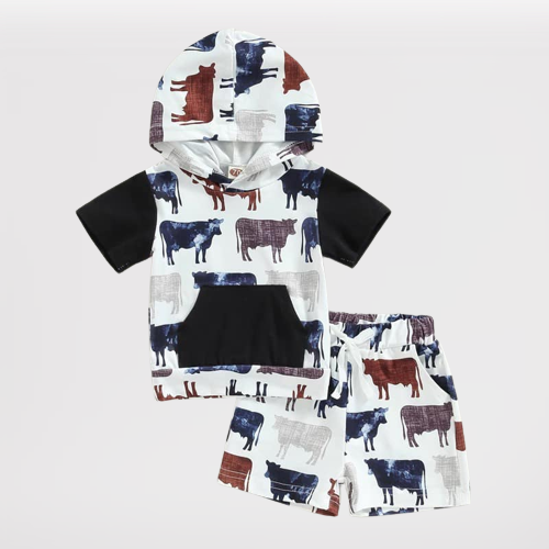 Hooded Cow Print Shorts Set