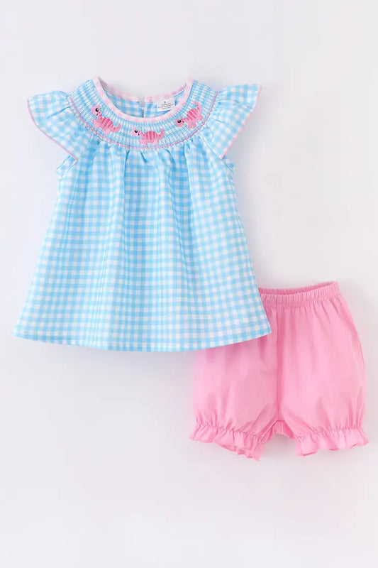 Blue Plaid Pink Dino Smocked Shorts Outfit