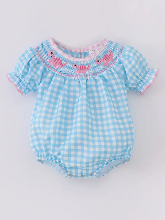 Blue Plaid Pink Dino Smocked Romper
