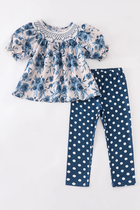 Blue Floral Smocked Pants Set